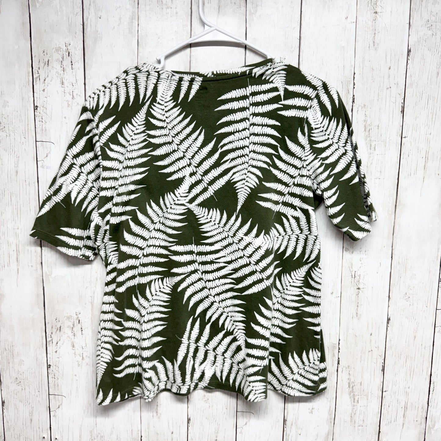 Kim Rogers Blouse Women Size Small Palm Print Round Neck Short Sleeve Tee Shirt