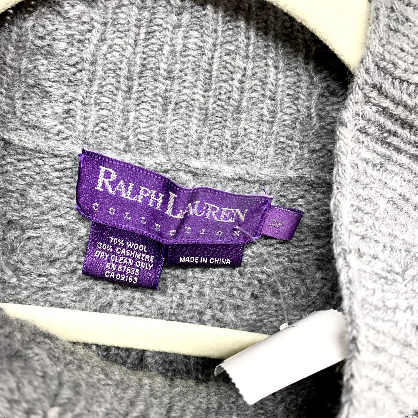 RALPH LAUREN Purple Tag Women M Cable Knit Sweater Grey Cowl Neck Wool Cashmere