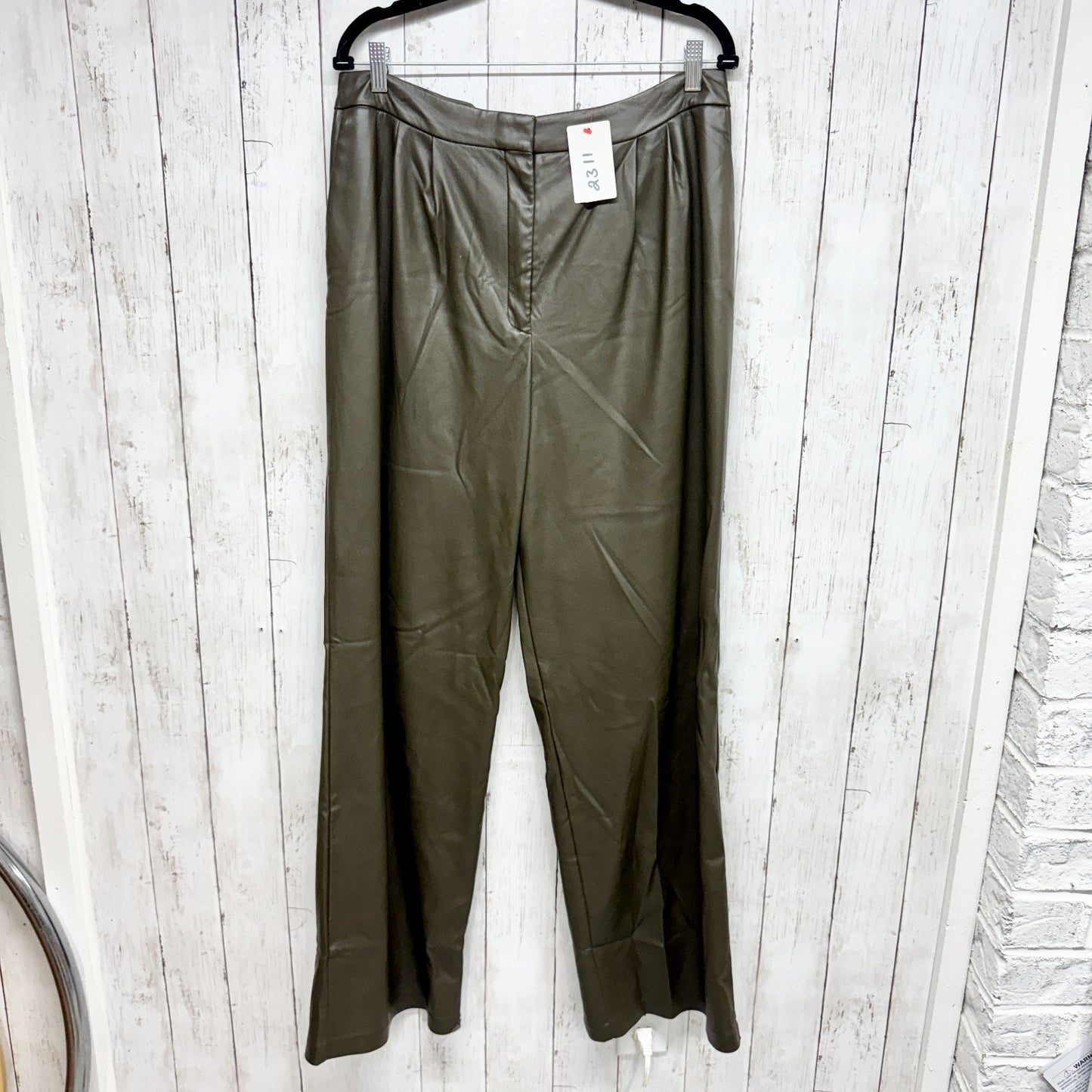 Express Pants Women Size 14L Hunter Green Faux Leather Straight Pockets Zip Fly