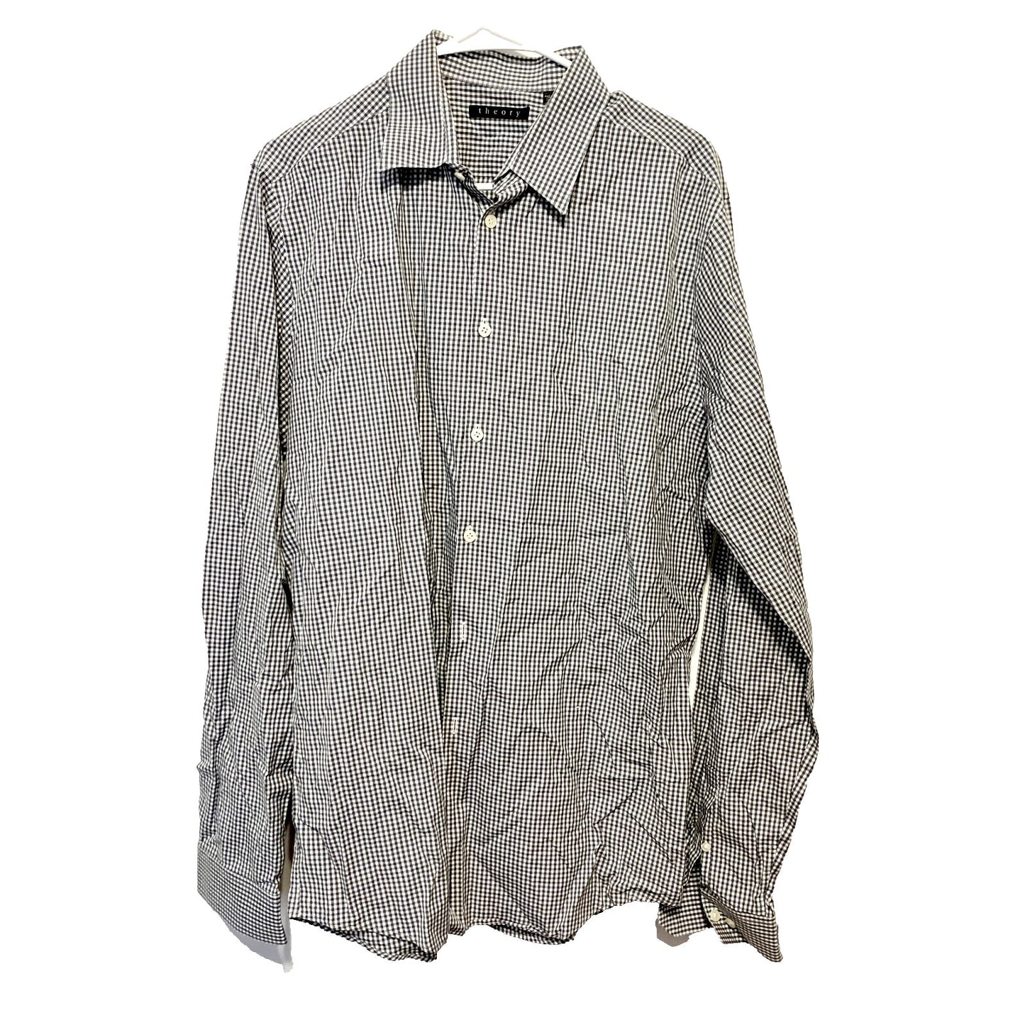 THEORY Button Up Mens Size 16.5 Grey Plaid Long Sleeve Collared Cotton Blend