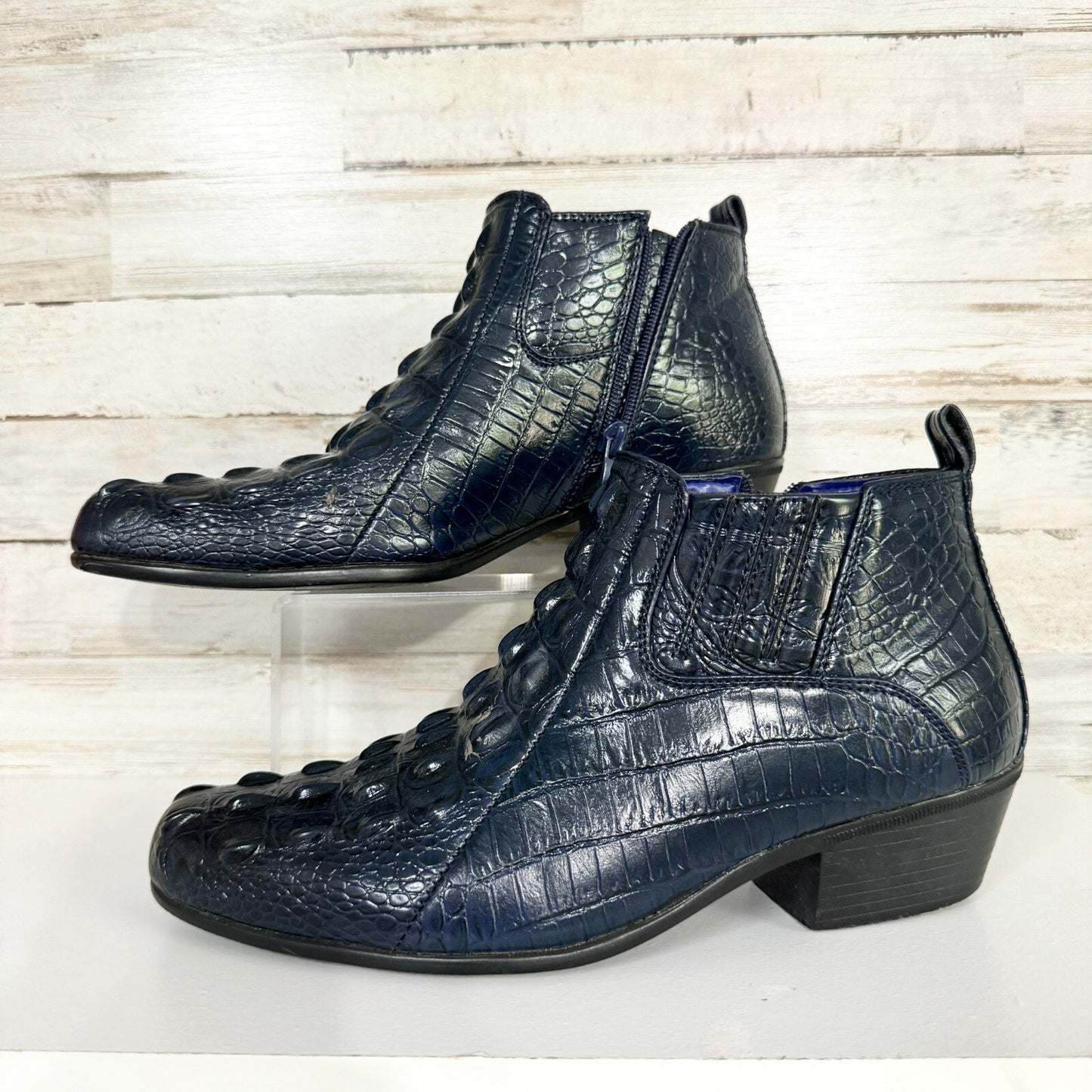 Roberto Chillini Mens Size 8.5 Blue Ultra Gator Embossed Ankle Boot Zip Up Heel