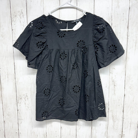 Madewell Blouse Women Size XXS Black Floral Eyelet Detail Short Sleeve Yoke Top