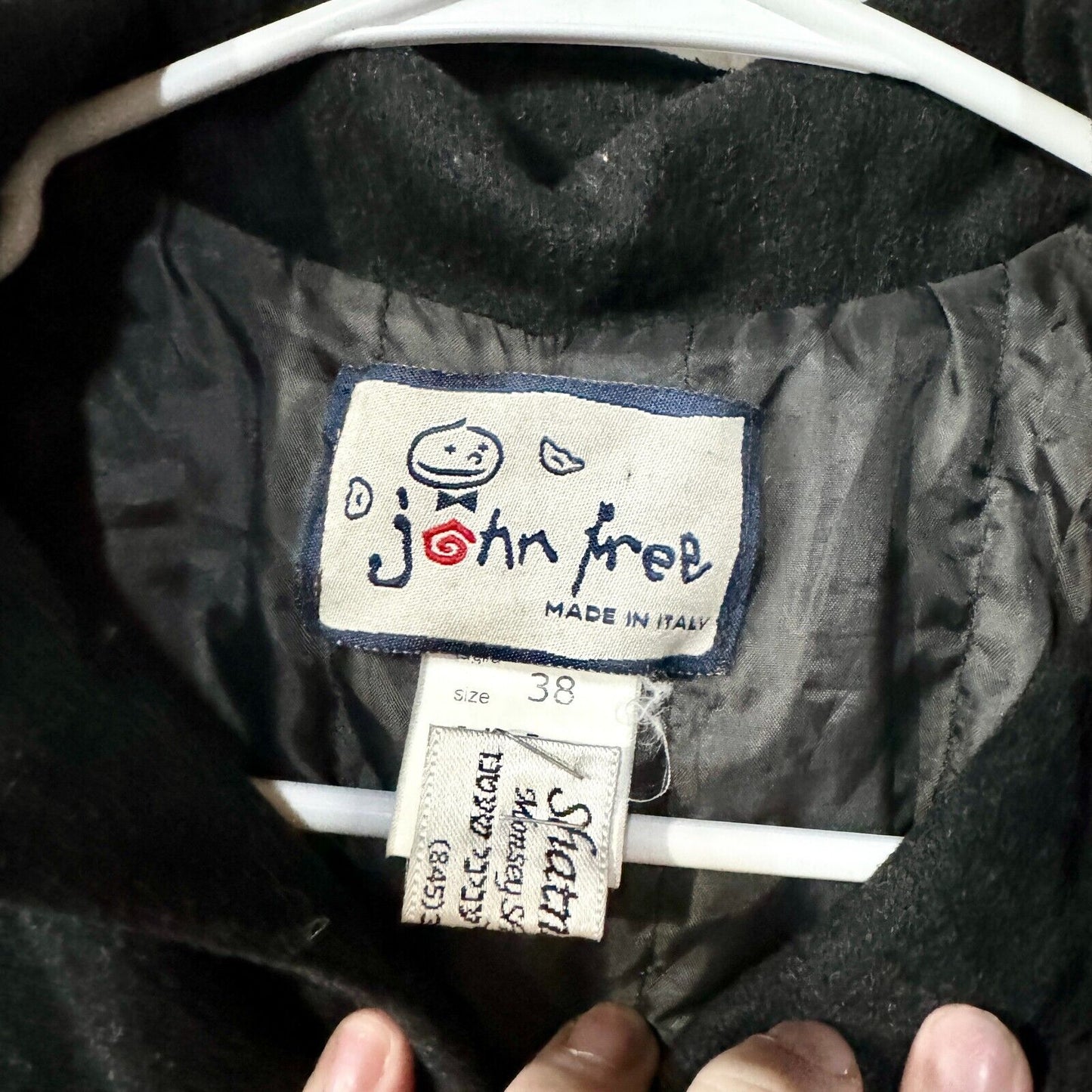John Free Pea Coat Wooden Button Down Hooded Wool Blend Black Size 38/M