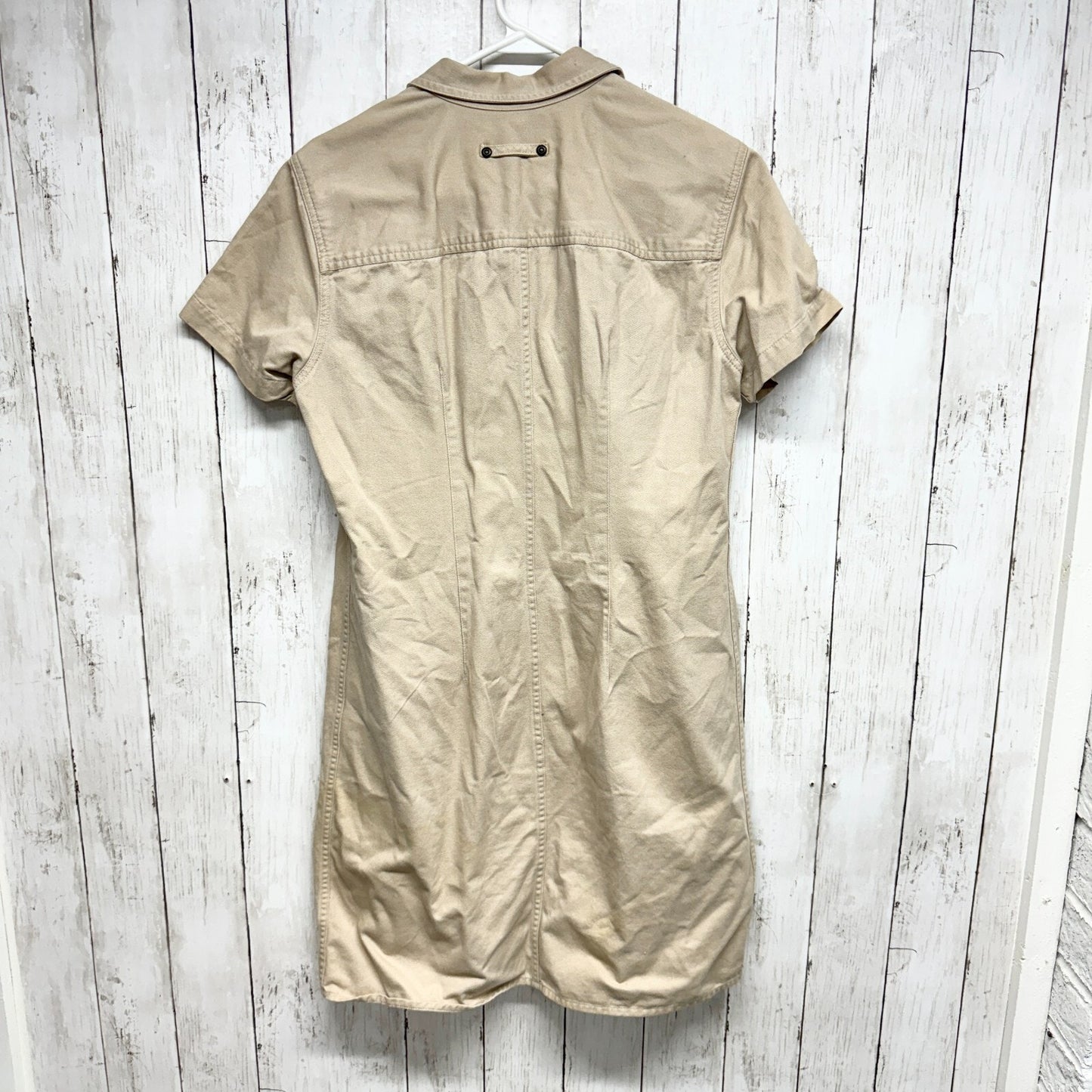 Liz Claiborne Dress 12 Beige Button Shirt Short Sleeve Stretch Pocket Cotton