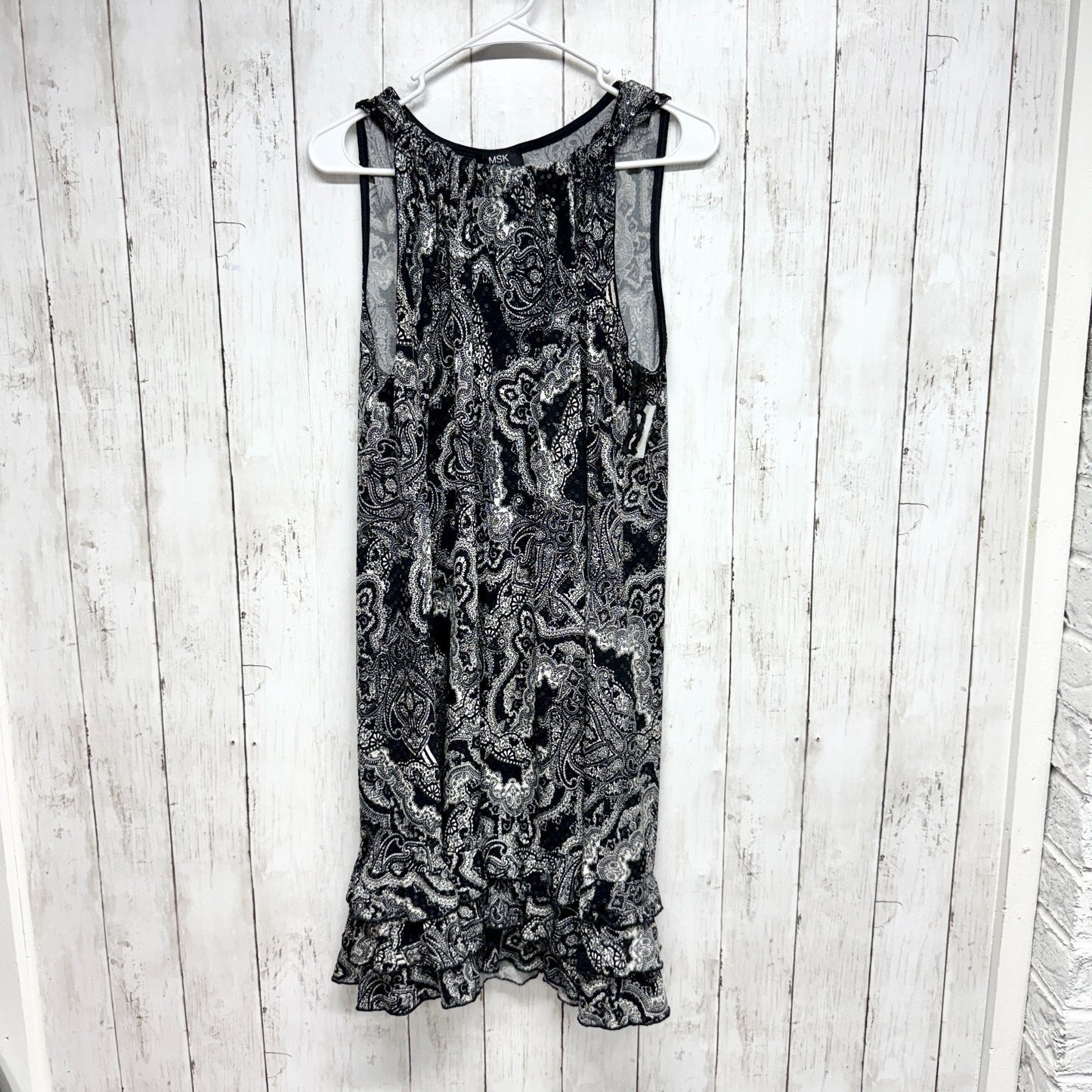 MSK Dress Women 27" Chest Black White Paisley Sleeveless Midi Ruffle Trim Sequin