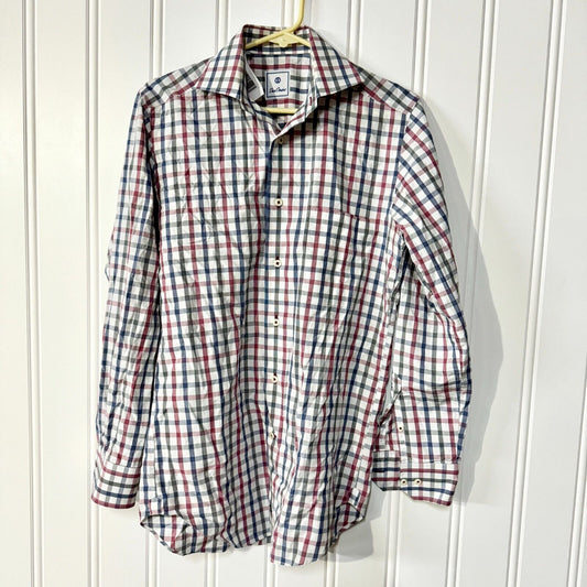 Dave Donahue Mens Size S Blue & Red Plaid Button Up Slim Fitting Collared Shirt