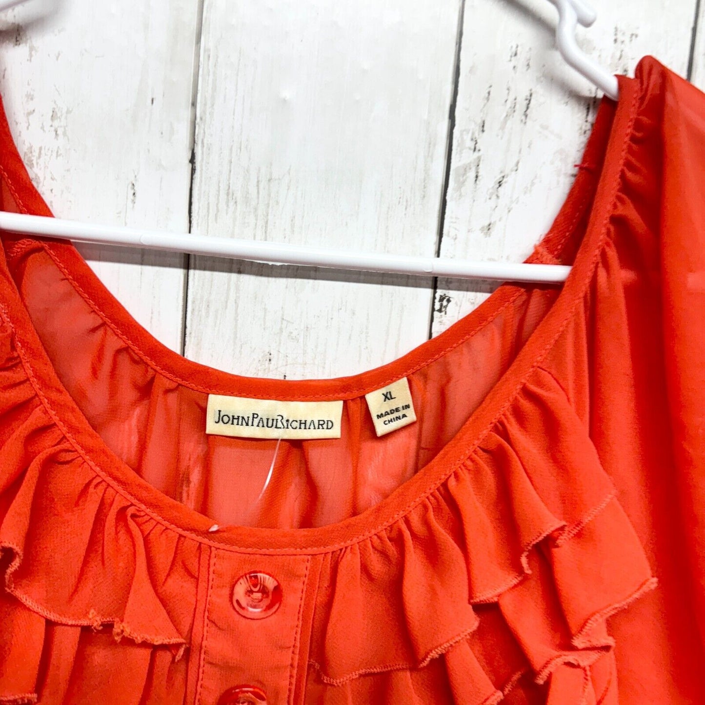 JOHN PAUL RICHARDS Blouse Women Size XL Coral Ruffled Pleated Button Down Short