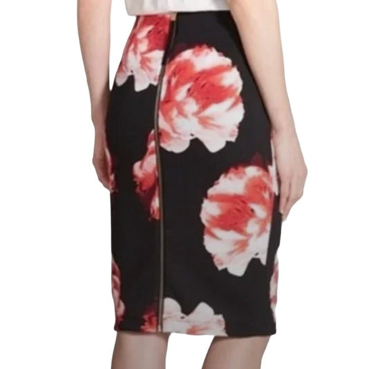 VINCE CAMUTO Women Floral Pencil Black & Pink Midi Skirt Size Small
