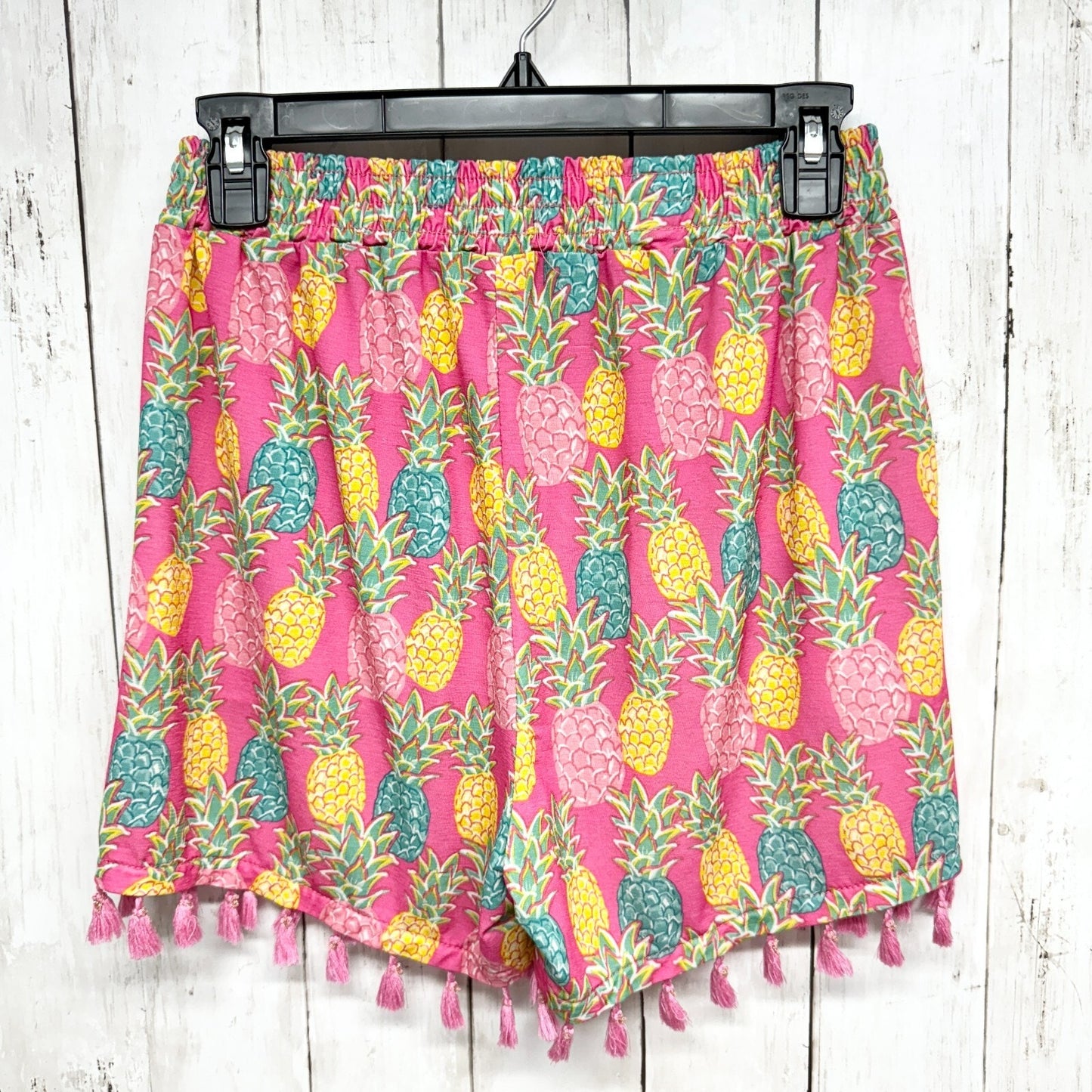 Simply Southern Shorts Women S/M Pink Pinneapple Pattern Elastic Waist Tassels