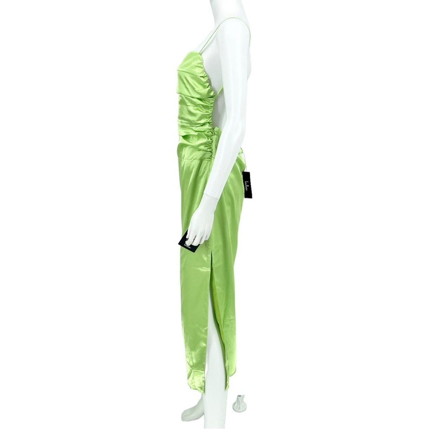 LULUS Maxi Dress Women Size Large Behold Lime Satin Evening Spaghetti Strapped