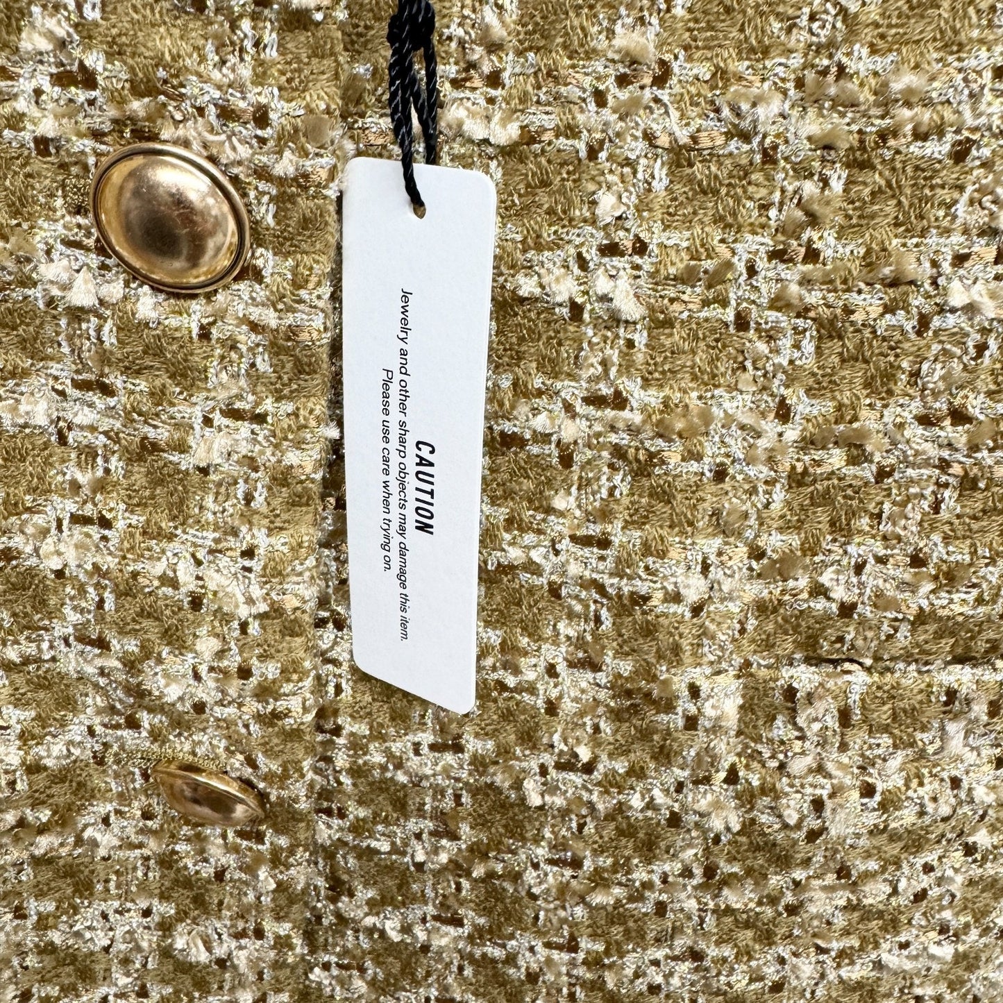 Express Women’s Jacket Sz XS Open Beige Gold Buttons Houndstooth Tweed Blazer
