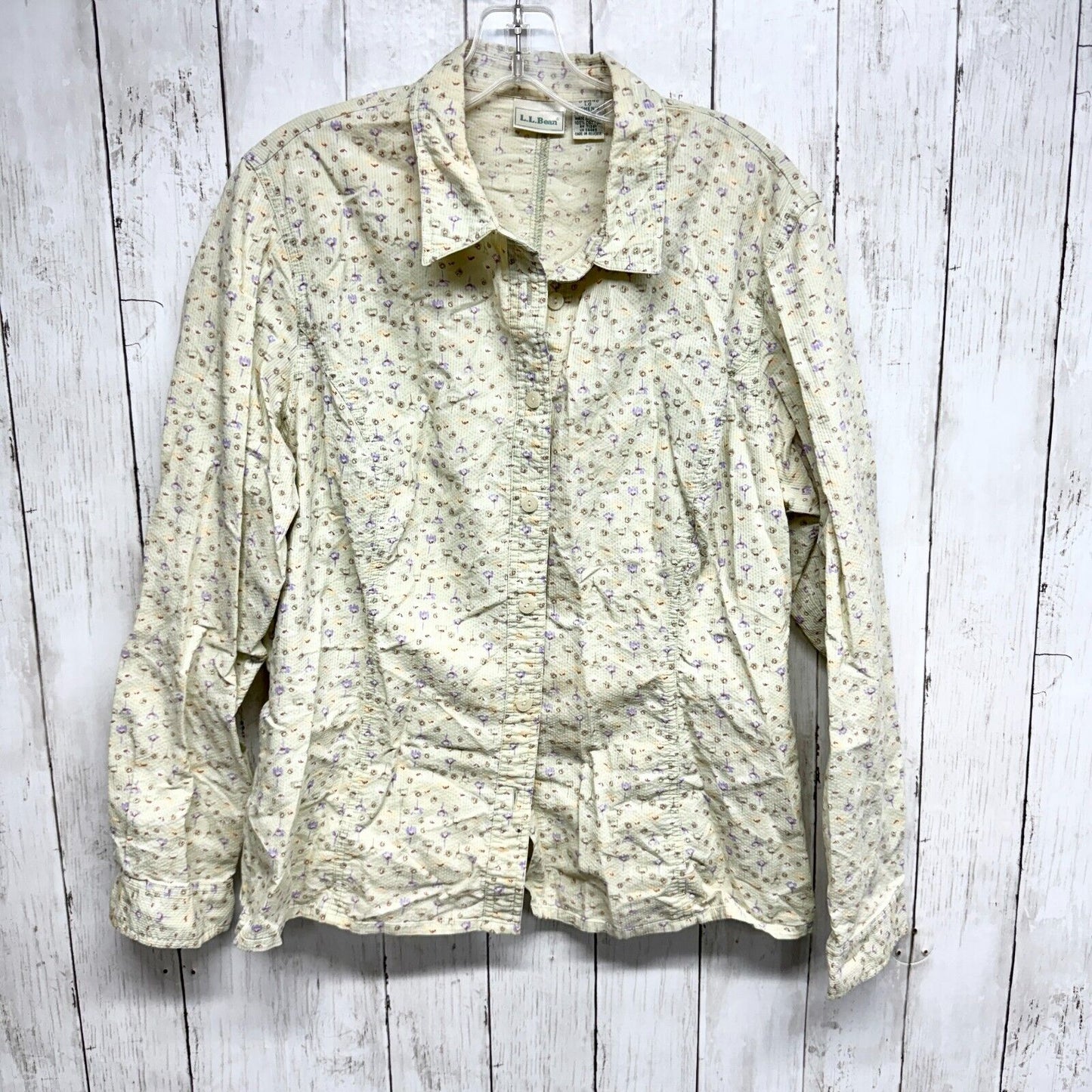 VTG LL Bean Button Up Women Size LG Floral Long Sleeve Neutral Tone 80's Cotton