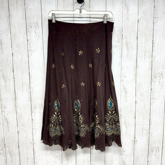 SILKLAND Skirt Women Size Midi Embroidered Brown High Waisted Tribal Boho Flowy
