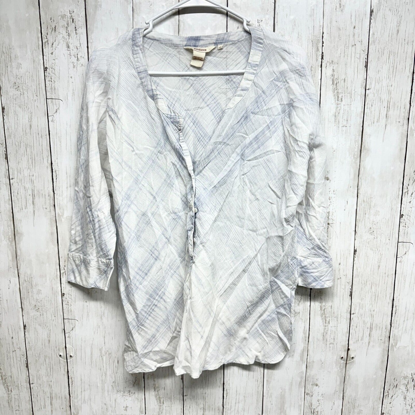SUNDANCE Button Down Top Womens S Blue/White Textured 3/4 Sleeve 100% Cotton