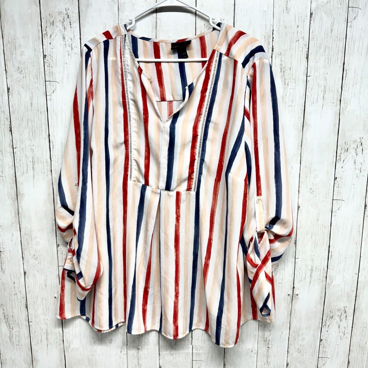 Lane Bryant Blouse Womens 22/24 Multicolor Striped Roll Tab Sleeve Lightweight