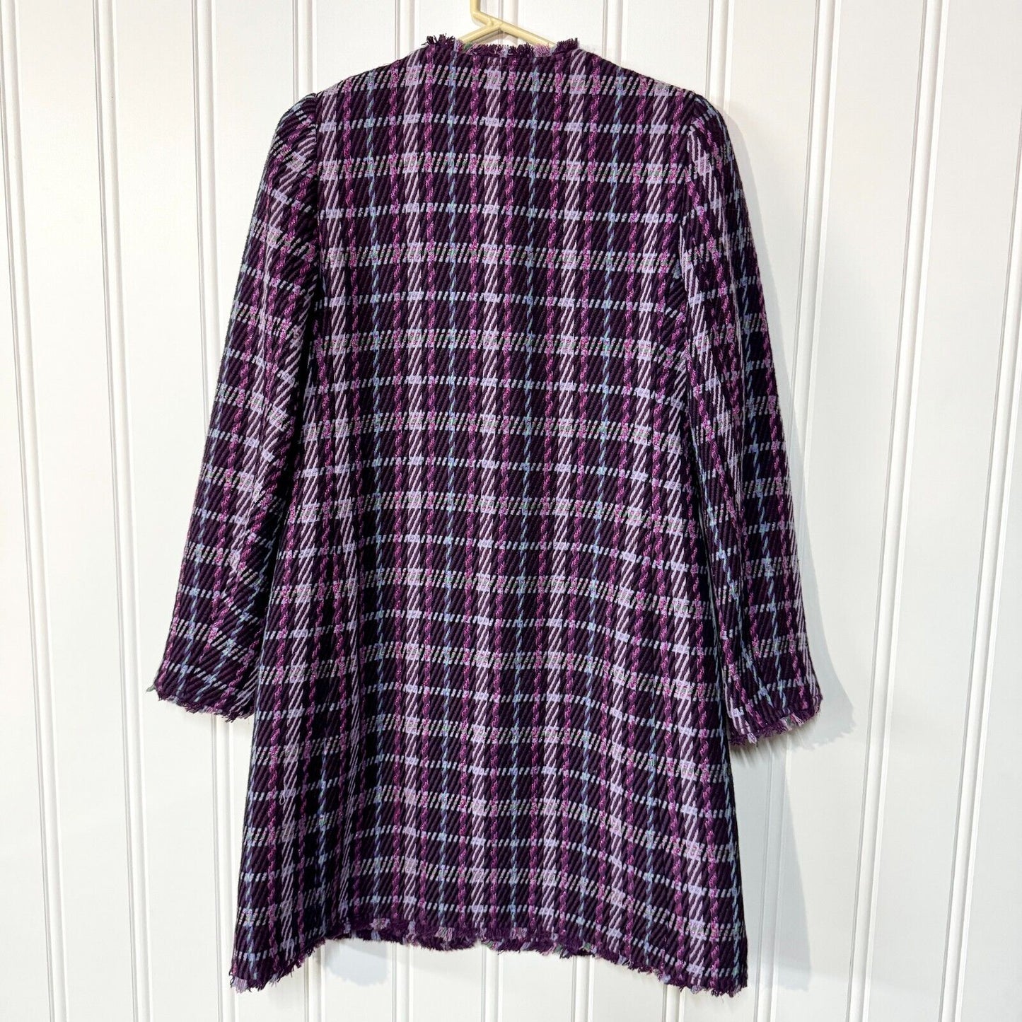 KATE SPADE Coat Women Size 2 Plaid Button Down Tweed Overcoat Plum Long Sleeve