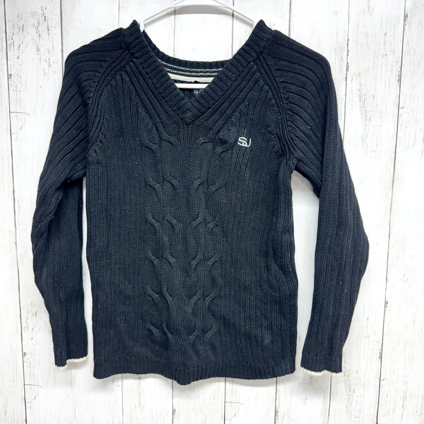 Sean John Top Women Size S(8) V-neck Cable Knit Sweater Cotton Black Embroidered