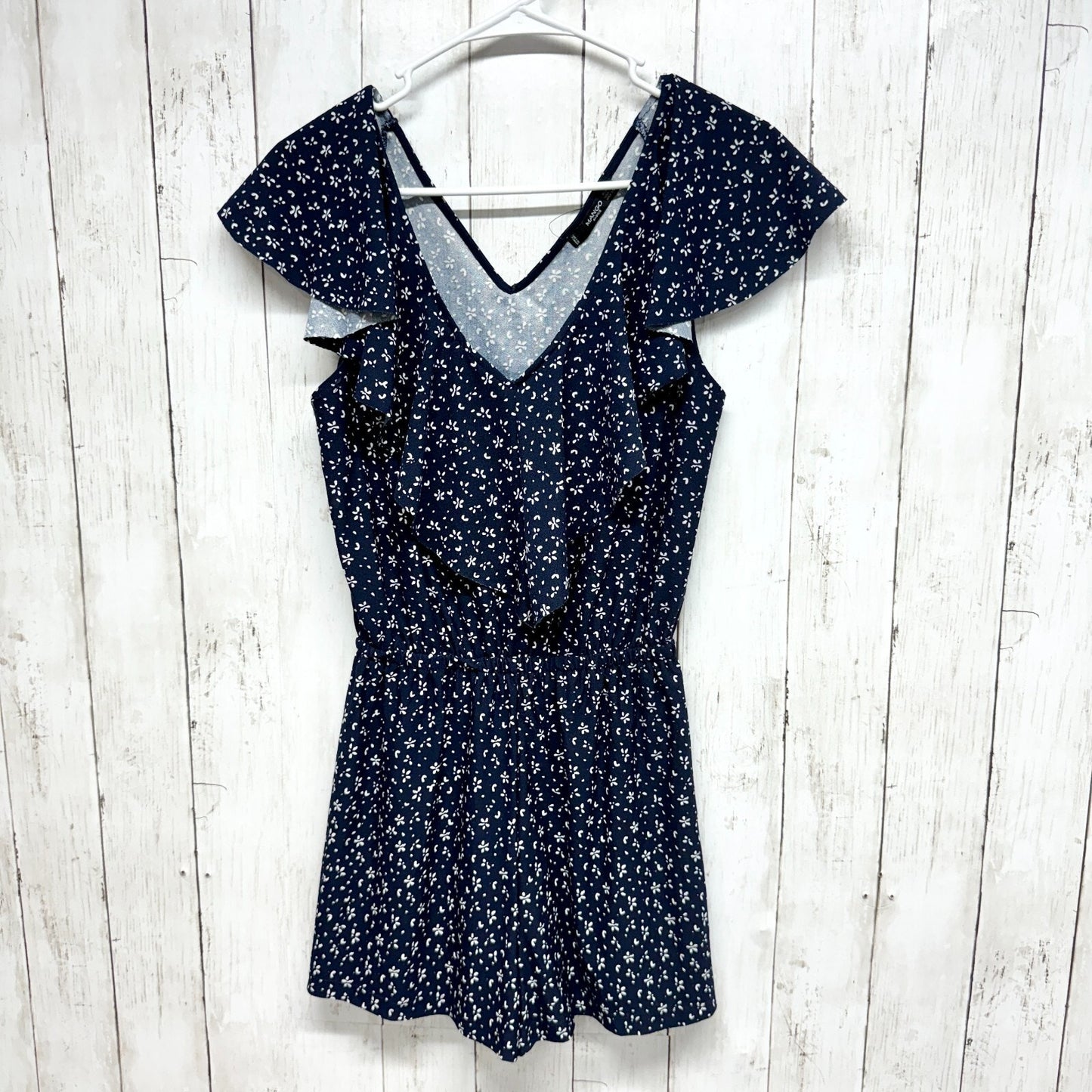 MANGO Romper Women Size XXS Short Sleeve Deep V Navy Blue Floral Summer Jumper
