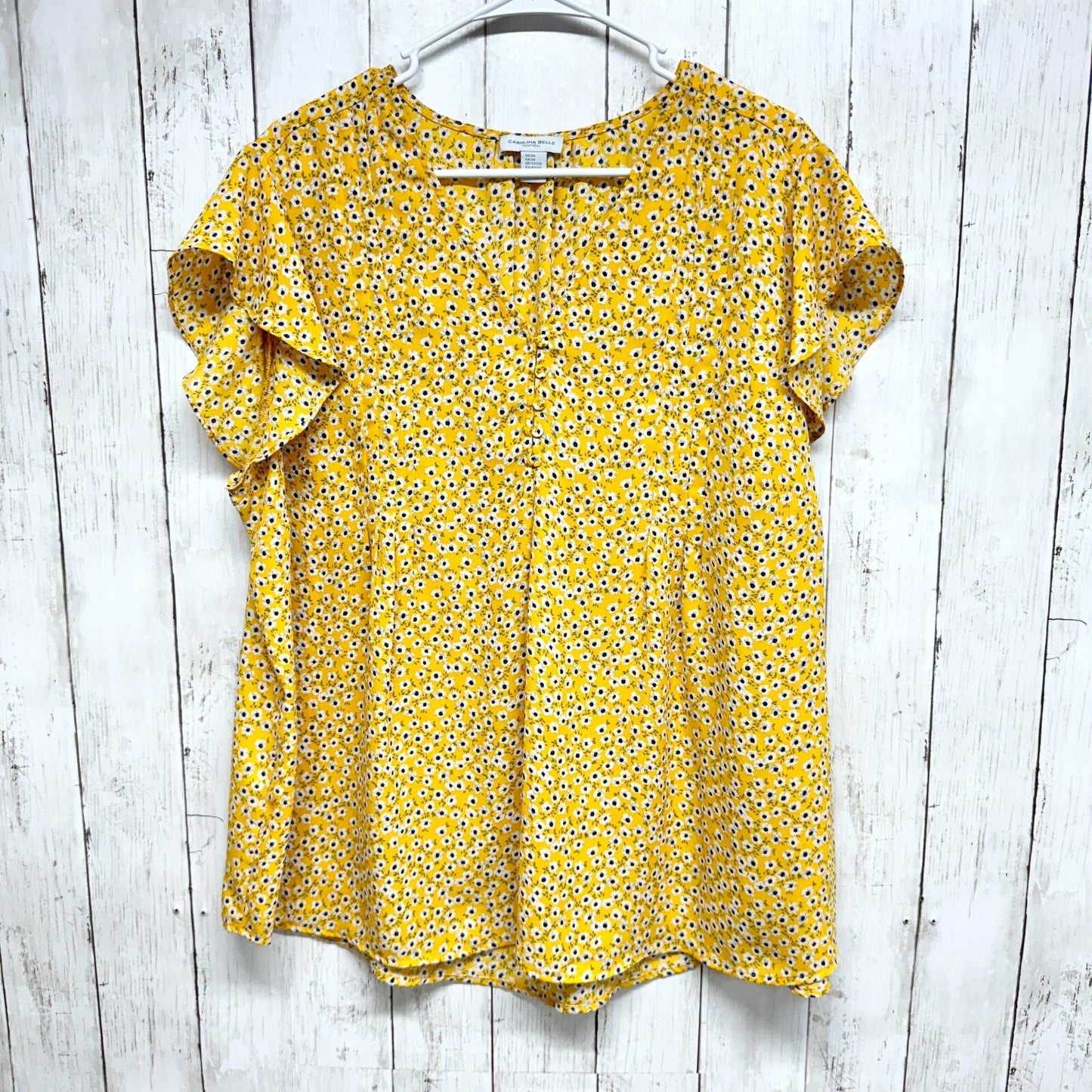 Carolina Belle Montreal Top Women’s Size 2X Yellow Blouse Short Sleeve Floral