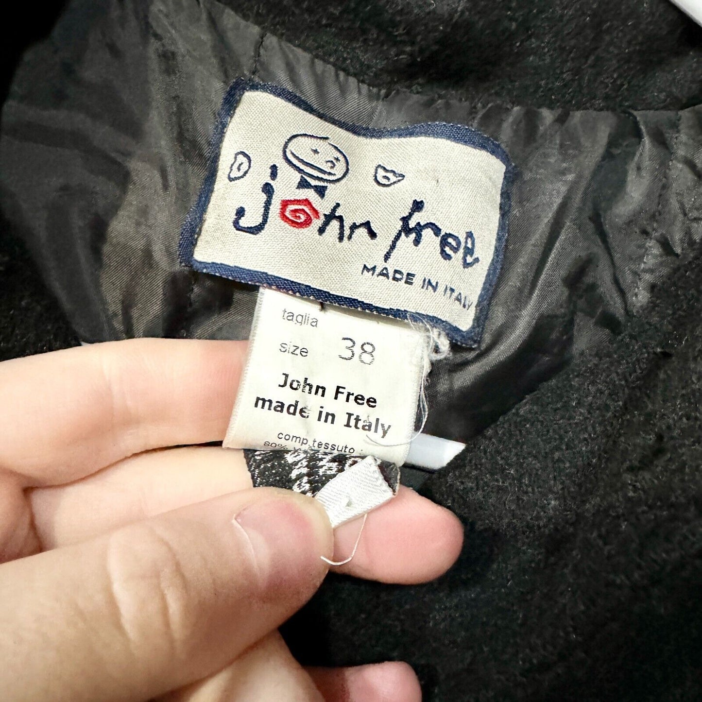 John Free Pea Coat Wooden Button Down Hooded Wool Blend Black Size 38/M