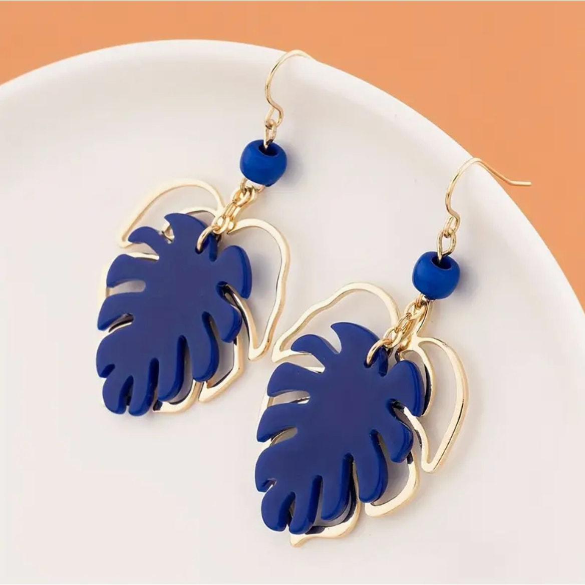 Gold Tone & Blue Leaf Boho Style Dangle Earrings