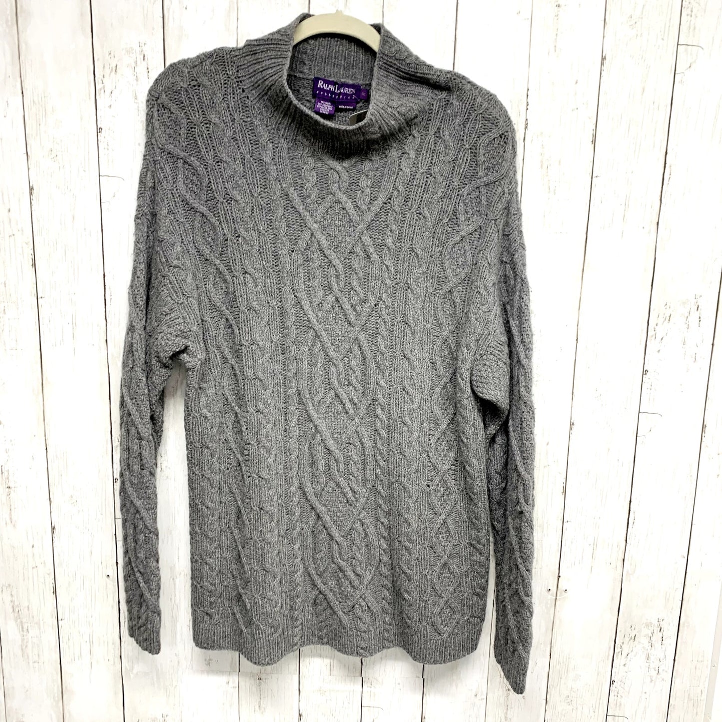 RALPH LAUREN Purple Tag Women M Cable Knit Sweater Grey Cowl Neck Wool Cashmere