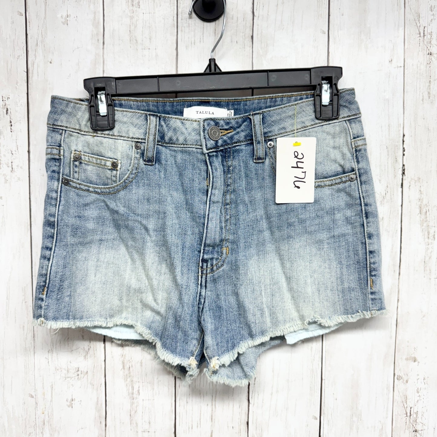 Talula Shorts Women Size 26 Light Wash Blue Denim High Rise Midi Raw Hem Zip Fly