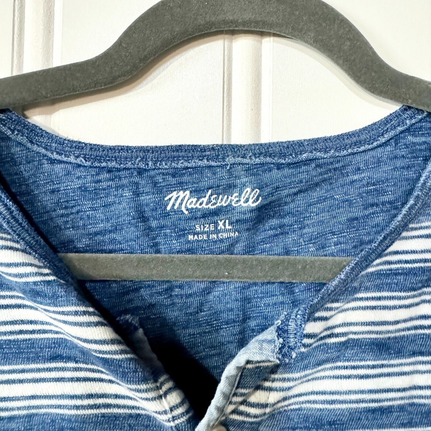 MADEWELL Shirt Mens Size XL Blue Henley Striped 100% Cotton Long Sleeve Crewneck