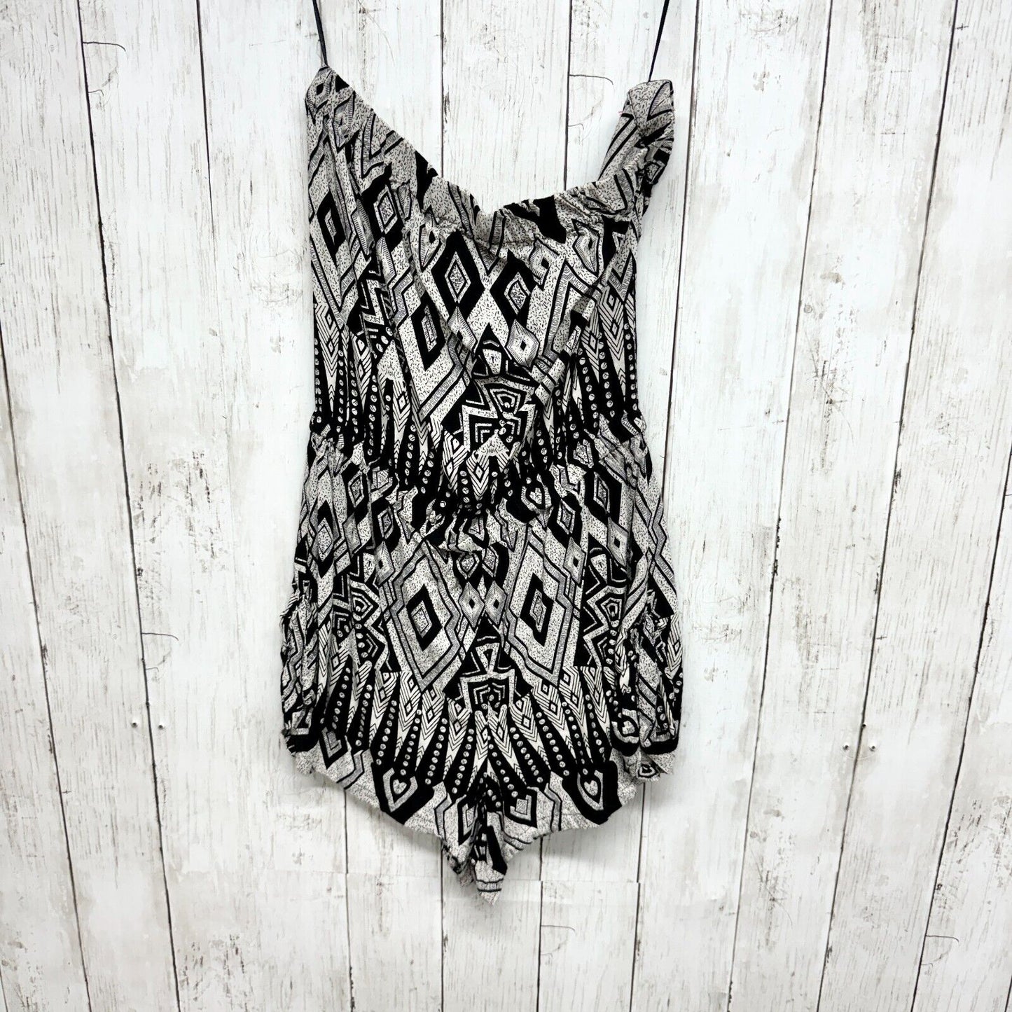 ANGIE Romper Women Size M Boho Strapless Summer Black Geometric Rayon