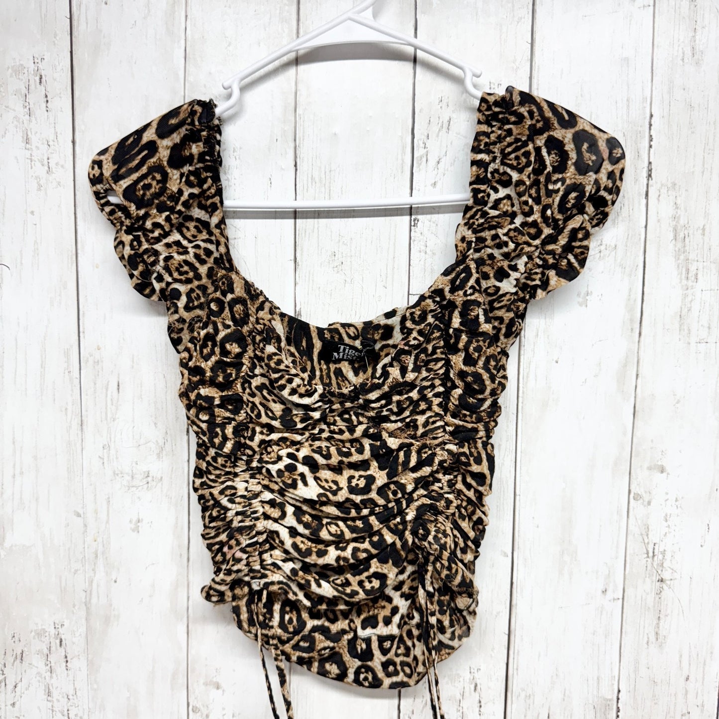 Tiger Mist Shirt Women Small Cheetah Print Cinched Ruched Short Sleeve Blouse