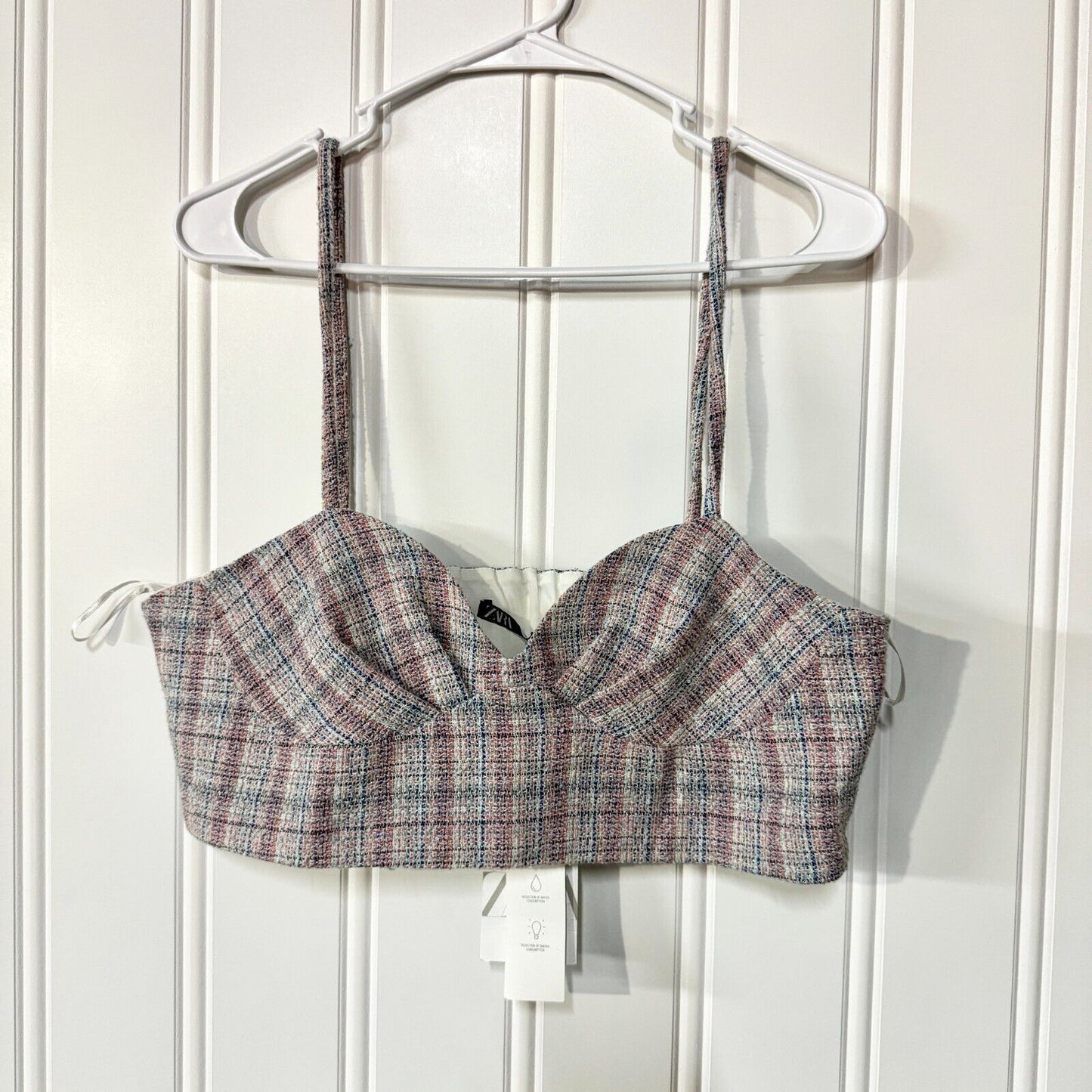 ZARA Cami Women Size XL Knit Plaid Woven Crop Spaghetti Strap Blue & Red NWT