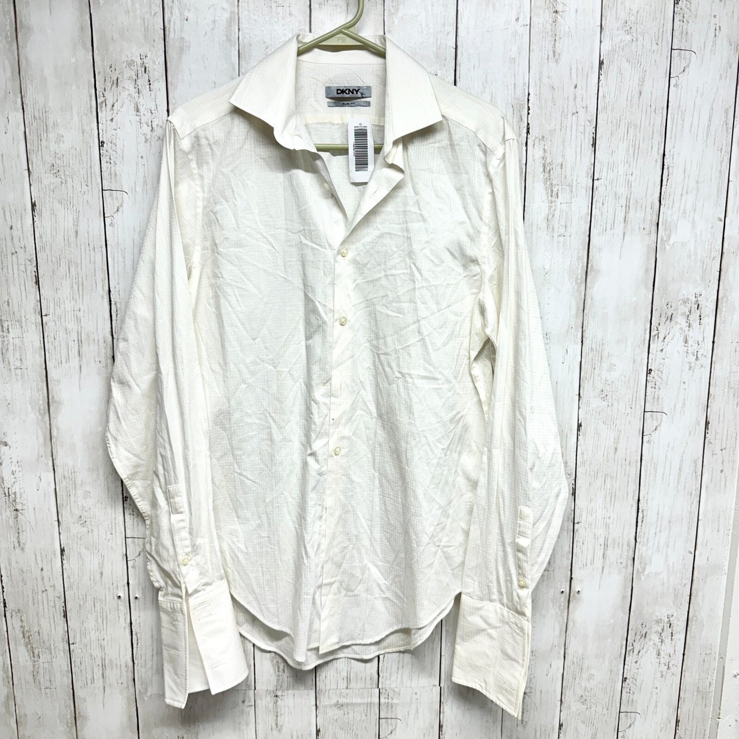 DKNY Shirt Men Slim Fit Cream Collared Long Sleeve Button Down Business Casual