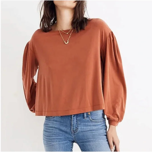 MADEWELL Women Burnt Orange Puff Sleeve Sandwiched Gathered Sleeve Top XXS