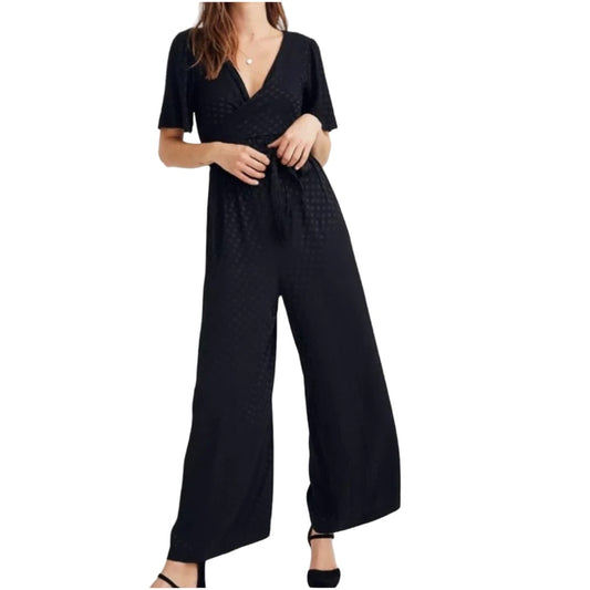 Madewell Women's Black Polkadot Deep-V Short Sleeve Jumpsuit Dot Jacquard 2