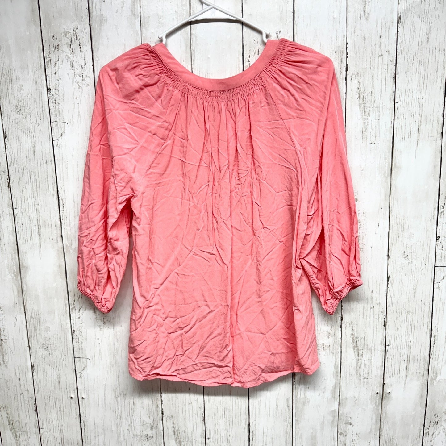 CROWN & IVY Blouse Women Size M Pink Puff Sleeve Deep V Neck Business Casual