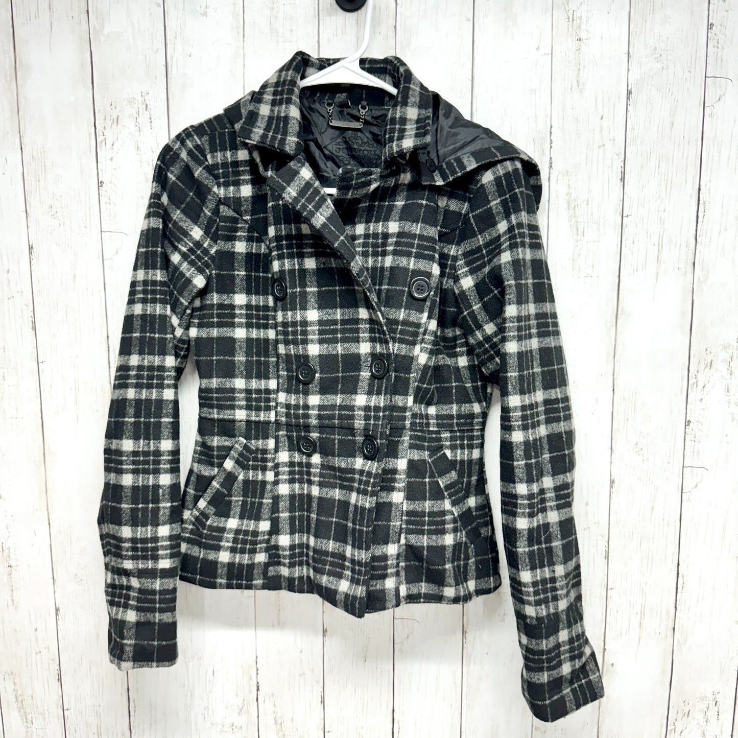 Y2K JouJou Jacket Women Size XS Plaid Hooded Peacoat Black White Button Pockets