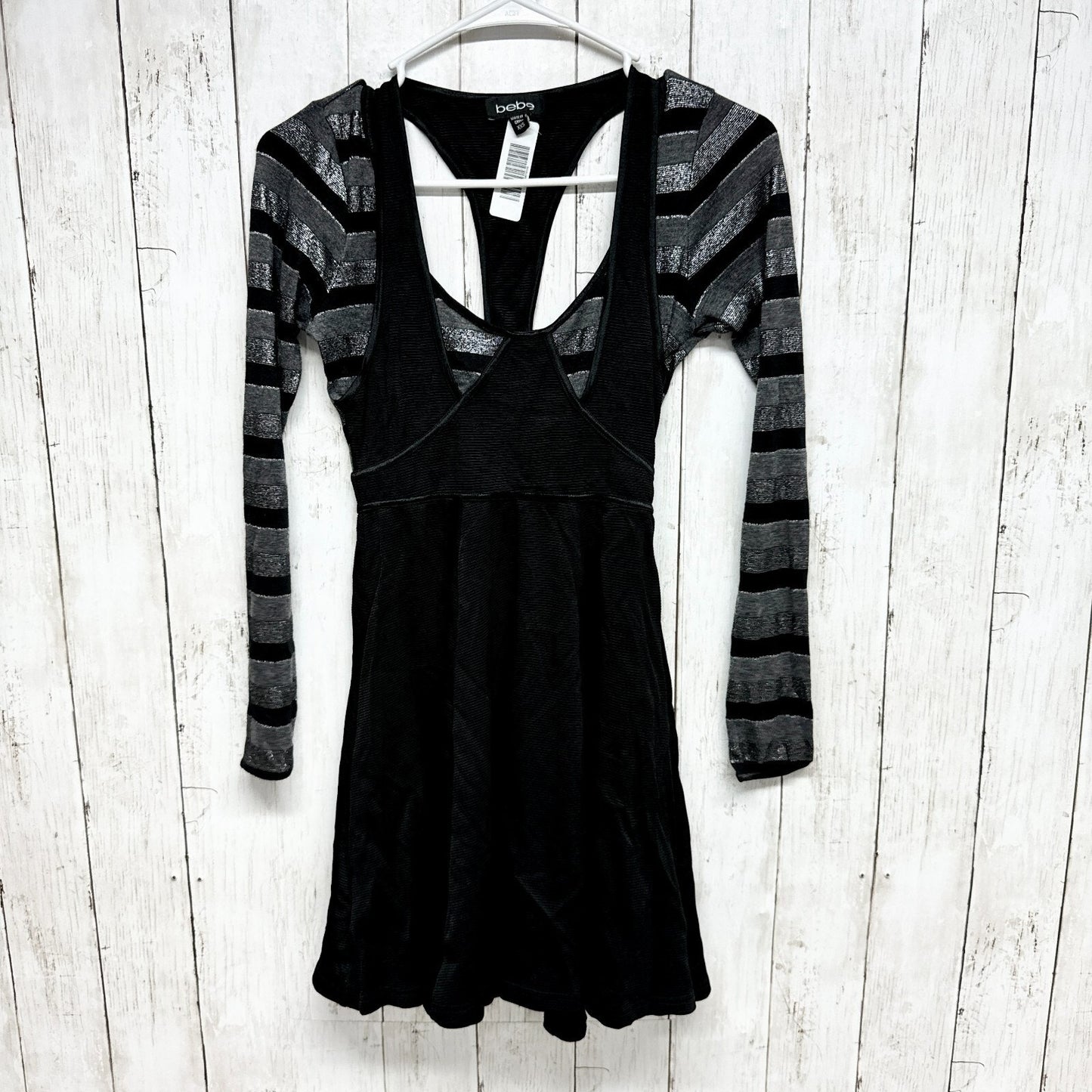 Bebe Dress Women XXS Long Sleeve Layered Deep Front Black Stripe Knee Length