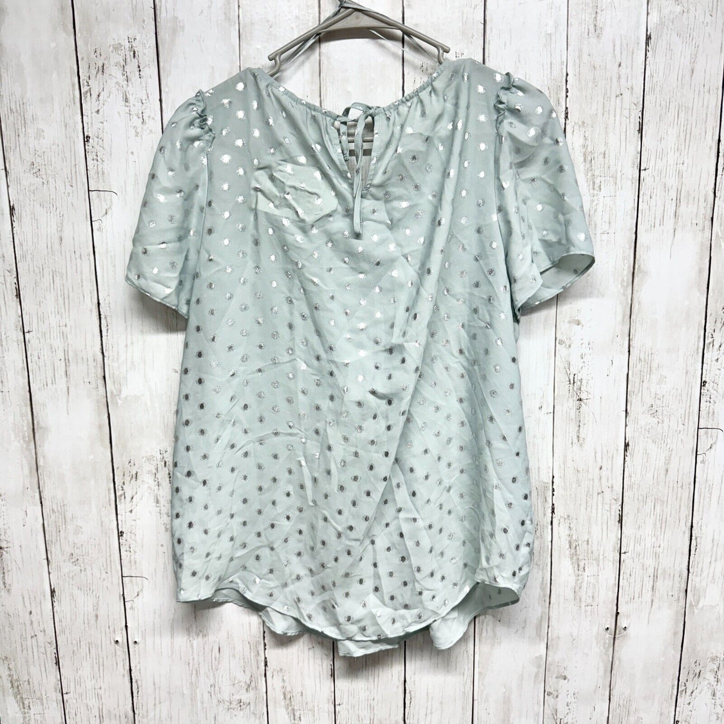 LAUREN CONRAD Blouse Women Size S Blue Curved Hem Short Sleeve Teal Sparkled Top