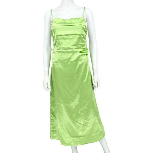 LULUS Maxi Dress Women Size Large Behold Lime Satin Evening Spaghetti Strapped
