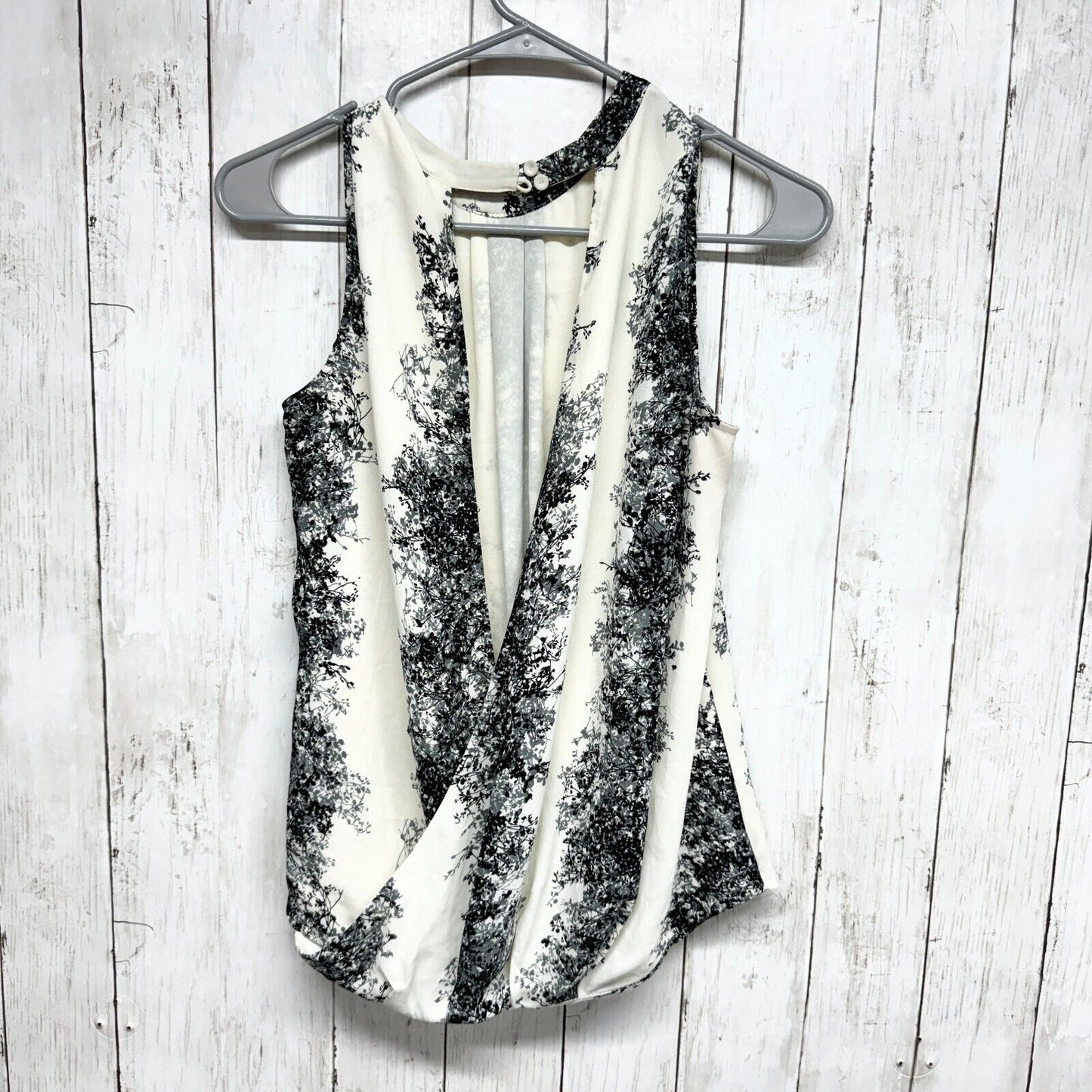 Daniel Rainn Blouse XS Cream/Black Surplice Open Back Sleeveless High Neck