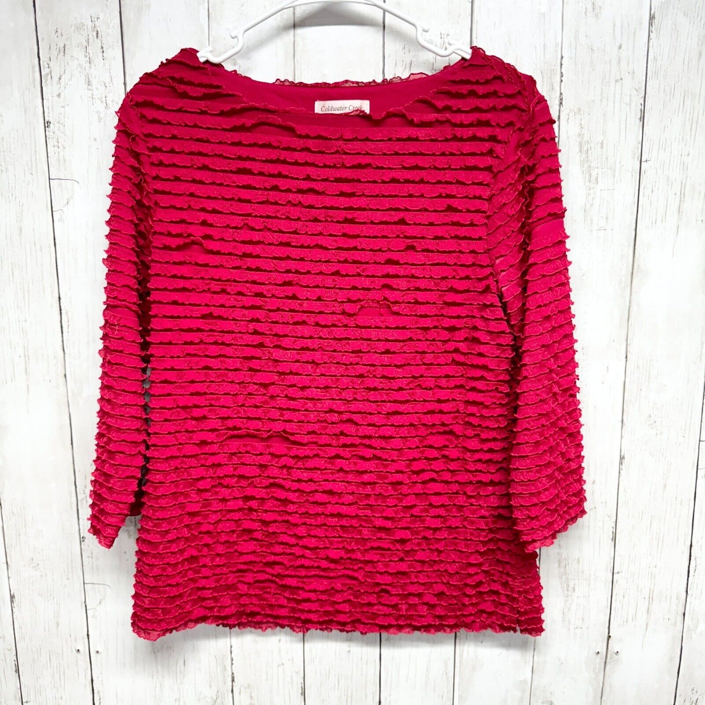 COLDWATER CREEK Blouse Women Size S Red Ruffled Pleated 3/4 Sleeve Wide Neck