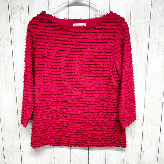 COLDWATER CREEK Blouse Women Size S Red Ruffled Pleated 3/4 Sleeve Wide Neck