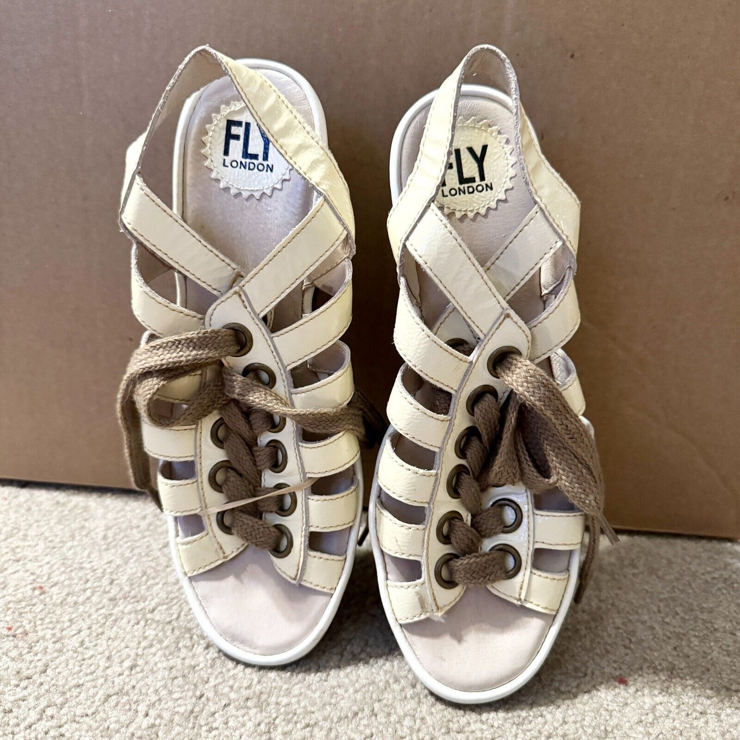 Fly London Cream 39 Leather Wedge Lace Up Front Sling Back Open Toe Cage Sandal