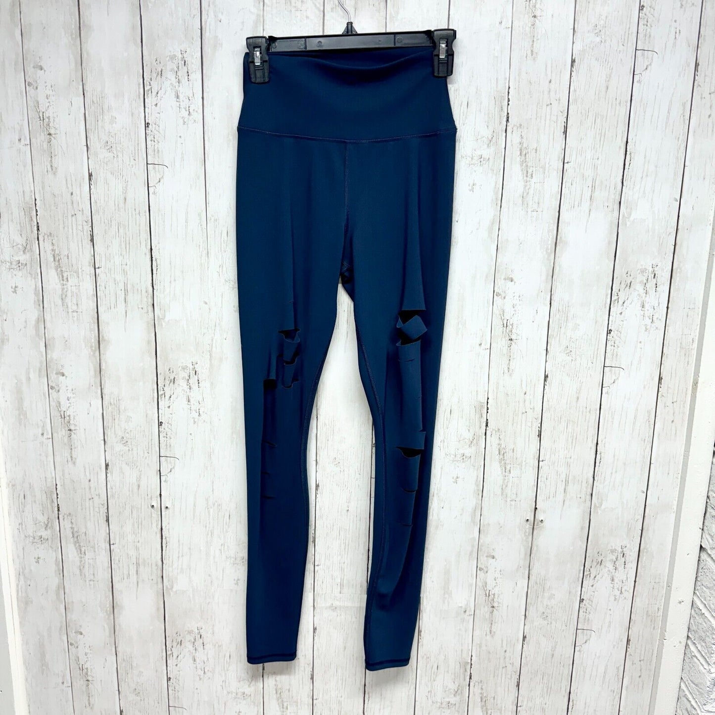 ALO Yoga Legging Small Ripped Warrior Laser Cut High Waist Blue Distressed Ankle