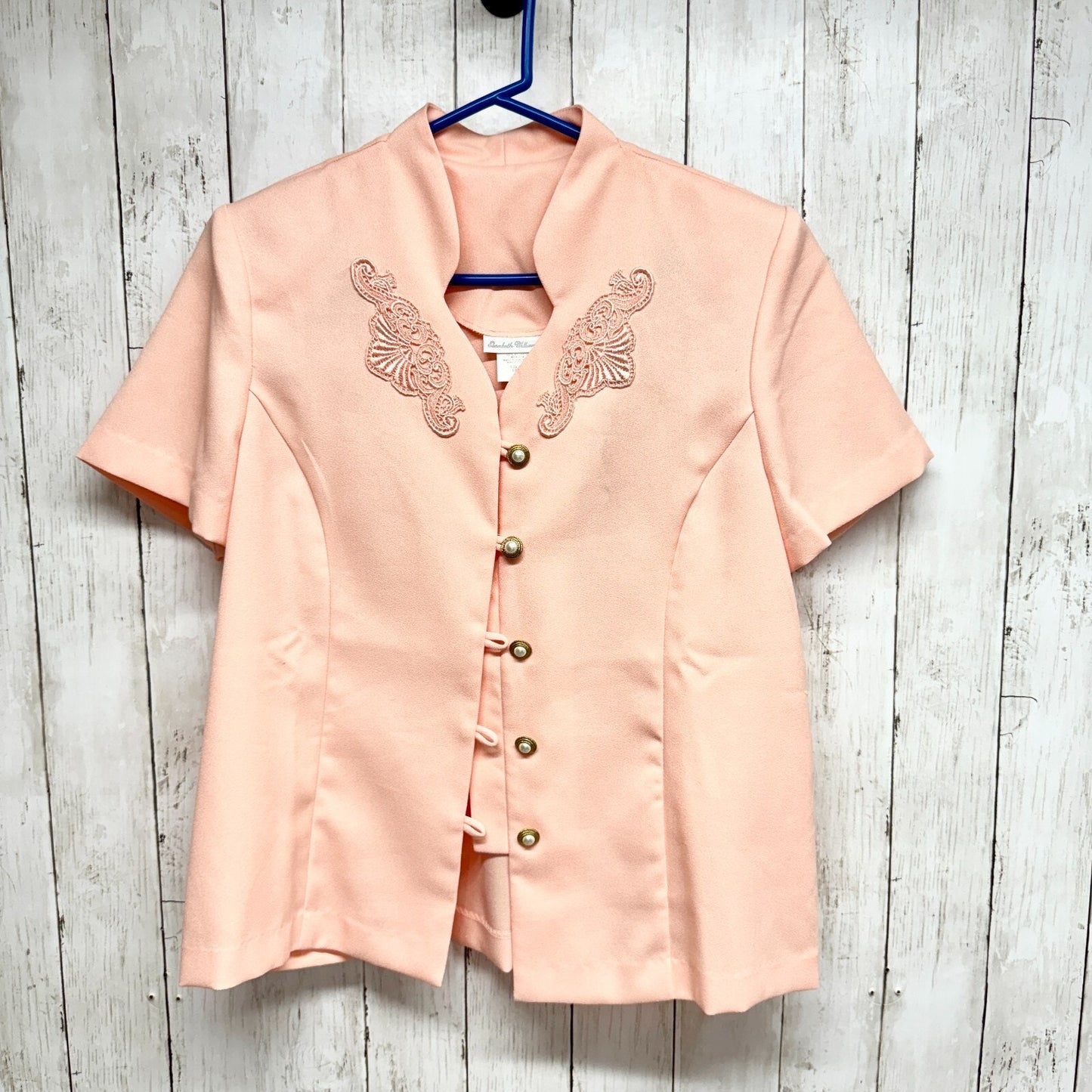 ELIZABETH WILLIAM VTG Top Women Size 14P Button Down Short Sleeve Pink Floral