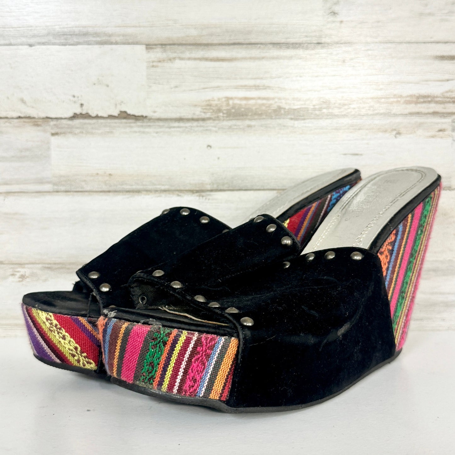 Hot Topic Y2K Wedge Shoes Women's Black Canvas Peep Toe Slip On Size 10