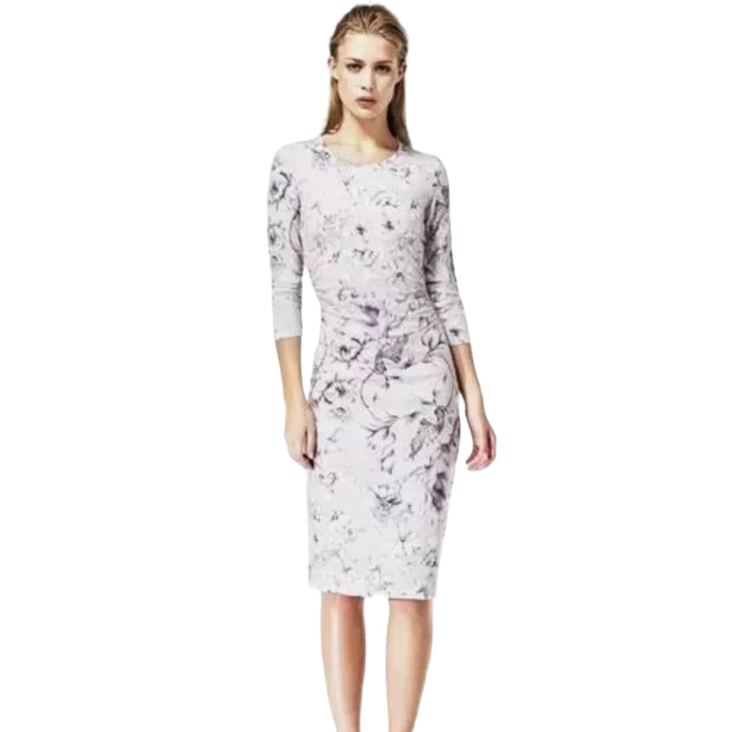 REISS Women Balbina Pale Purple Floral Long Sleeve Form Fitting Midi Dress XS