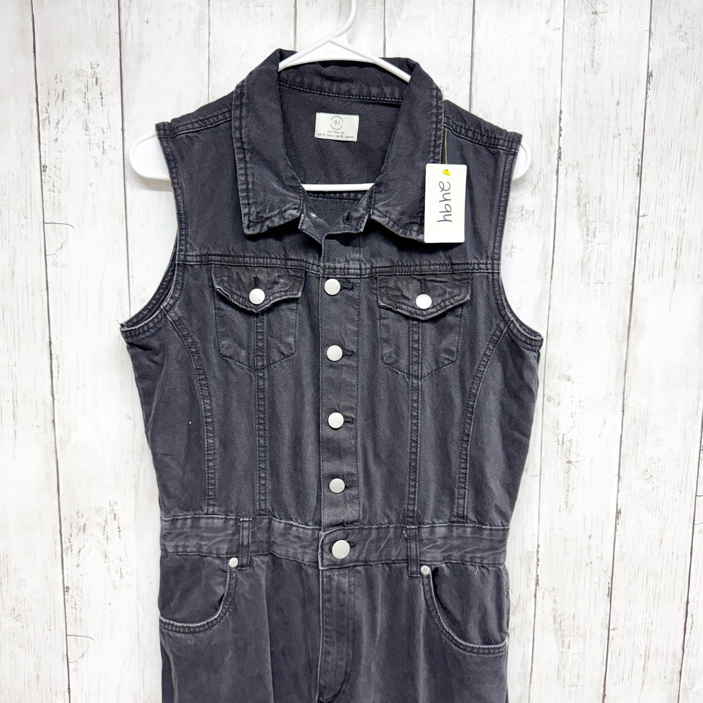 91 Cotton On Jumpsuit Women Size 6 Black Washed Denim Collared Sleeveless Button