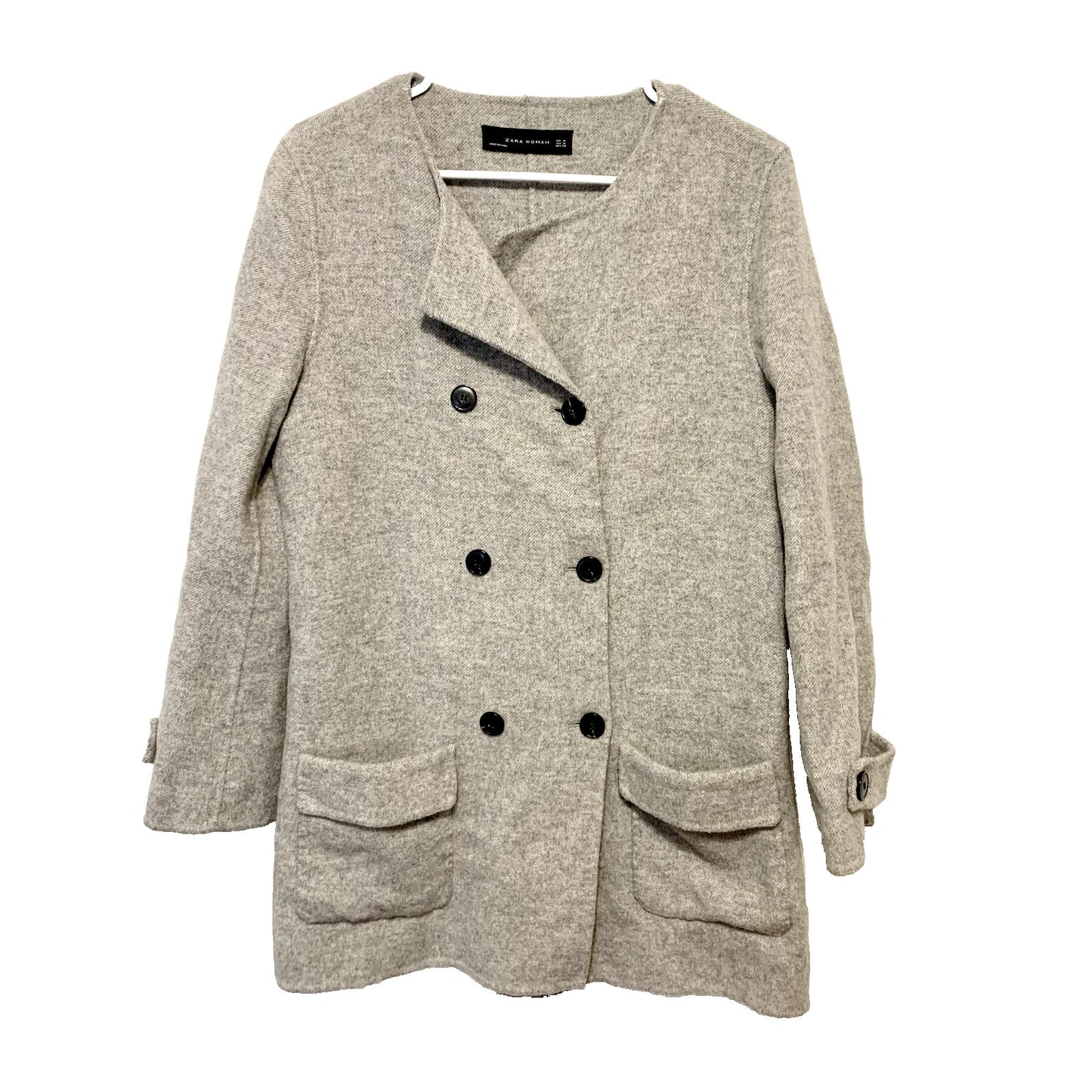 ZARA Coat Women M Gray Wool Blend Double Breasted Unlined Coat Botton Patches