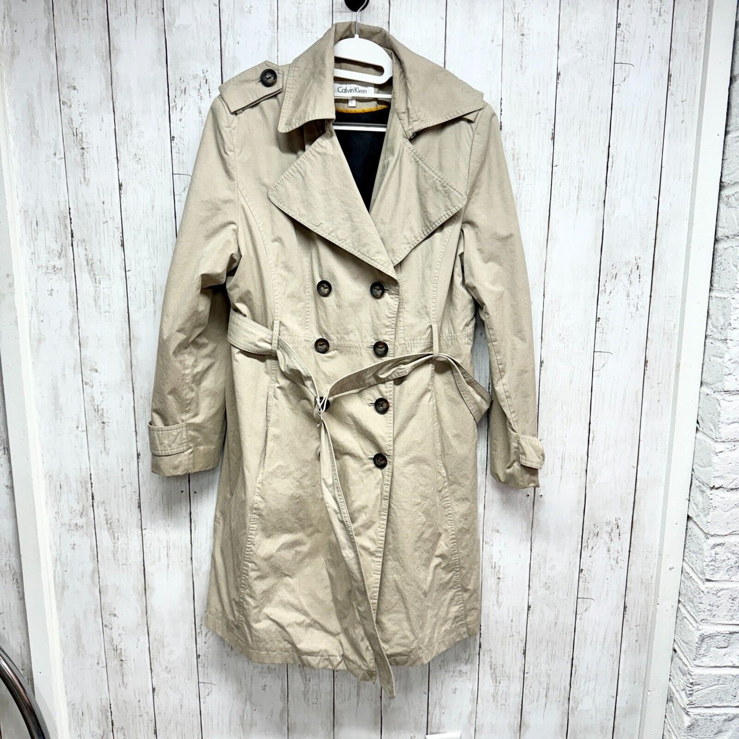 Calvin Klein Jacket Women Size L Double Breasted Trench Coat Cream/ Tan Business